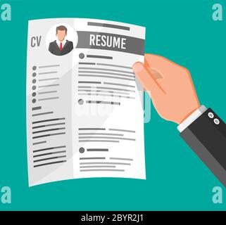 Applicazione di lavoro per la tenuta manuale. CV fogli riprendere. Intervista di lavoro. Concetto di gestione delle risorse umane, ricerca di personale professionale, lavoro. Trovato ripresa corretta. Illustrazione vettoriale in stile piatto Illustrazione Vettoriale