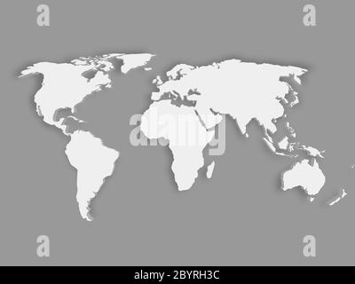 Mappa del mondo 3D bianca con ombreggiatura su sfondo grigio. Illustrazione vettoriale EPS10. Illustrazione Vettoriale