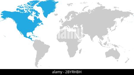 Continente nordamericano blu segnato in grigio silhouette della mappa mondiale. Semplice illustrazione vettoriale piatta. Illustrazione Vettoriale