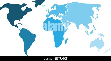 Mappa mondiale multicolore divisa in sei continenti in diversi shader di blu - Nord America, Sud America, Africa, Europa, Asia e Australia Oceania. Mappa vettoriale vuota silhouette semplificata. Illustrazione Vettoriale