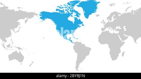 Continente nordamericano blu segnato in grigio silhouette della mappa America Centered World. Semplice illustrazione vettoriale piatta. Illustrazione Vettoriale
