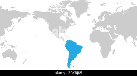 Continente sudamericano blu segnato in grigio silhouette della mappa mondiale. Semplice illustrazione vettoriale piatta. Illustrazione Vettoriale