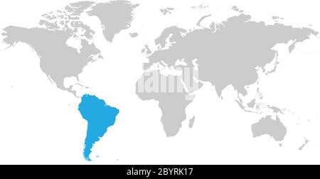 Continente sudamericano blu segnato in grigio silhouette della mappa mondiale. Semplice illustrazione vettoriale piatta. Illustrazione Vettoriale