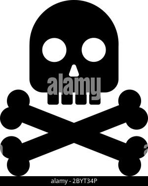 Cranio nero con ossa incrociate. Simbolo di pericolo, morte, veleno, rischio o pirati. Icona vettore piatto semplice. Illustrazione Vettoriale