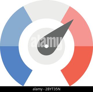 Scala di misurazione radiale da rosso a verde con puntatore a freccia. Indicatore di soddisfazione, temperatura, rischio, valore nominale, prestazioni e feedback o tachimetro di velocità. Illustrazione vettoriale. Illustrazione Vettoriale