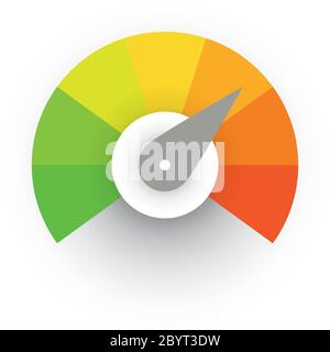 Scala di misurazione radiale da rosso a verde con puntatore a freccia. Indicatore di soddisfazione, temperatura, rischio, valore nominale, prestazioni e feedback o tachimetro di velocità. Illustrazione vettoriale. Illustrazione Vettoriale
