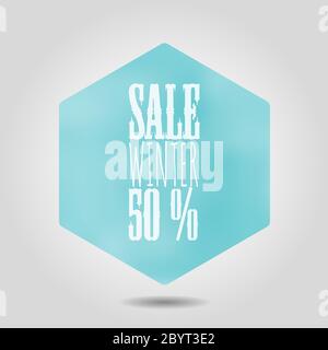 Icona Vector Spring sale in forma esagonale. Esagono mesh sfumatura blu con angoli arrotondati ed etichetta di testo bianca e numeri su sfondo grigio con ombra. Illustrazione Vettoriale