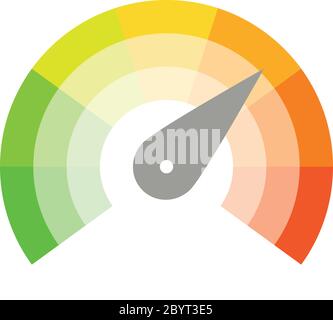 Scala di misurazione radiale da rosso a verde con puntatore a freccia. Indicatore di soddisfazione, temperatura, rischio, valore nominale, prestazioni e feedback o tachimetro di velocità. Illustrazione vettoriale. Illustrazione Vettoriale
