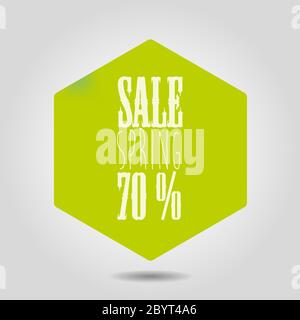 Icona Vector Spring sale in forma esagonale. Esagono mesh sfumatura verde con angoli arrotondati ed etichetta di testo bianca e numeri su sfondo grigio con ombra. Illustrazione Vettoriale