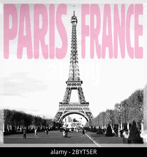 Parigi Francia - scheda romantica con citazione rosa e foto vettorizzata della Torre Eiffel in bianco e nero Illustrazione Vettoriale