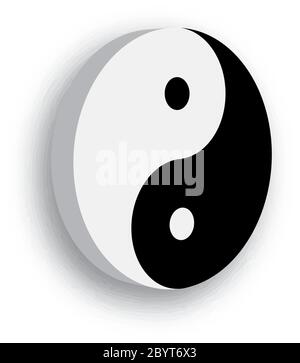 Yin Yang simbolo icona di filosofia cinese descrive come forze opposte e opposte possono essere complementari, interconnesse e interdipendenti nel mondo naturale. Illustrazione in bianco e nero con ombra. Illustrazione Vettoriale