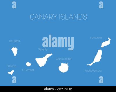 Mappa delle Isole Canarie, Spagna, con etichette di ogni isola - El Hierro, la Palma, la Gomera, Tenerife, Gran Canaria, Fuerteventura e Lanzarote. Silhouette vettoriale bianca su sfondo blu. Illustrazione Vettoriale