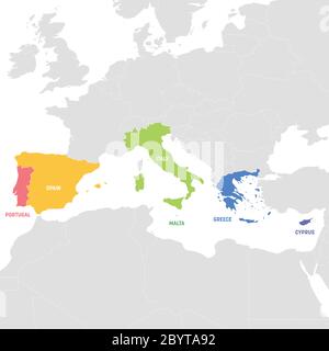 Regione Europa meridionale. Mappa colorata dei paesi dell'Europa meridionale intorno al Mar Mediterraneo. Illustrazione vettoriale. Illustrazione Vettoriale