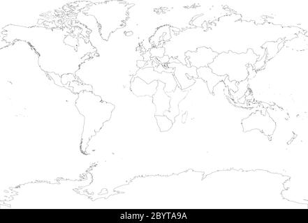 Mappa del mondo divisa in regioni. Mappa sottile con contorno nero. Semplice illustrazione vettoriale piatta. Illustrazione Vettoriale