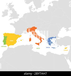 Regione Europa meridionale. Mappa dei paesi dell'Europa meridionale intorno al Mar Mediterraneo. Illustrazione vettoriale. Illustrazione Vettoriale