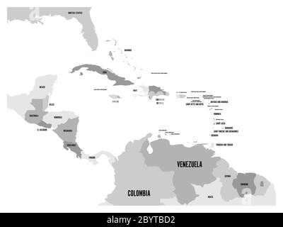 Mappa politica degli stati dell'America centrale e dei Caraibi in quattro tonalità di grigio con etichette nere. Semplice illustrazione vettoriale piatta. Illustrazione Vettoriale