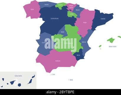 Mappa della Spagna deviata alle comunità amministrative autonome. Mappa vettoriale semplice piatta. Illustrazione Vettoriale