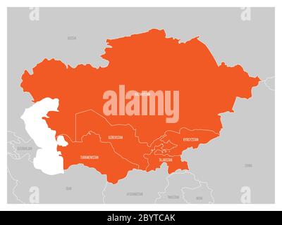 Mappa della regione dell'Asia centrale con l'arancio in evidenza Kazakistan, Kirghizistan, Tagikistan, Turkmenistan e Uzbekistan. Mappa grigia piatta con confini bianchi del paese. Illustrazione Vettoriale