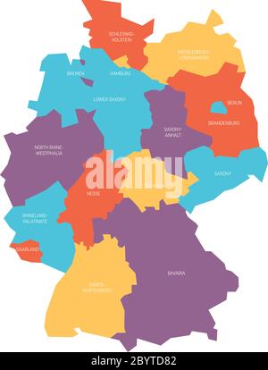 La mappa della Germania si è deviata a 13 stati federali e a 3 città-stati - Berlino, Brema e Amburgo, Europa. Semplice mappa vettoriale piatta in quattro colori con etichette bianche. Illustrazione Vettoriale
