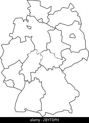 La mappa della Germania si è deviata a 13 stati federali e a 3 città-stati - Berlino, Brema e Amburgo, Europa. Semplice mappa vettoriale bianca piatta con contorni neri. Illustrazione Vettoriale