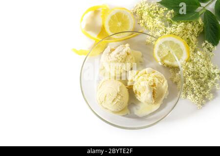 Gelato di fiori di sambuco in una ciotola di vetro con fette di limone e scorza e fiori freschi su sfondo bianco, spazio copia, vista dall'alto Foto Stock