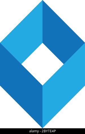 Modello con logo blu in scatola vuota. Logotipo di forma geometrica semplice per aziende o società logistiche. Illustrazione vettoriale. Illustrazione Vettoriale