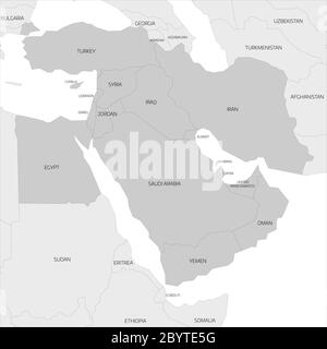 Mappa della regione transcontinentale del Medio Oriente o del Vicino Oriente con i paesi dell'Asia occidentale, Turchia, Cipro ed Egitto evidenziati. Mappa grigia piatta con confini neri sottili. Illustrazione Vettoriale