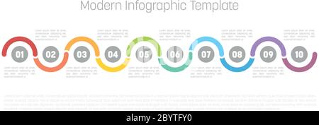 diagramma infografico moderno di processo a 10 fasi. Modello grafico di cerchi e onde. Concetto aziendale di 10 passi o opzioni. Elemento vettoriale dal design moderno in colori diversi con etichette. Illustrazione Vettoriale