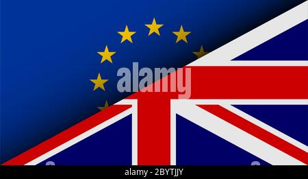 Bandiere di UE e Regno Unito divise a metà. Tema Brexit. Illustrazione vettoriale. Illustrazione Vettoriale