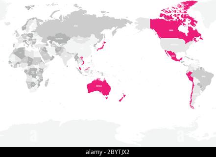 Mappa dell'accordo globale e progressivo per la Trans-Pacific Partnership, CPTPP o TP11. stati membri evidenziati in rosa. Illustrazione vettoriale. Illustrazione Vettoriale