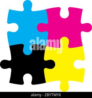Quattro pezzi di puzzle in colori CMYK. Tema stampante. Illustrazione vettoriale. Illustrazione Vettoriale
