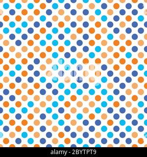 Motivo a punti in polka senza cuciture. Punti arancioni e blu in dimensioni casuali su sfondo bianco. Illustrazione vettoriale. Illustrazione Vettoriale