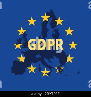 Regolamento generale sulla protezione dei dati. Bandiera UE con etichetta GDPR e silhouette della mappa europea. Illustrazione vettoriale. Illustrazione Vettoriale