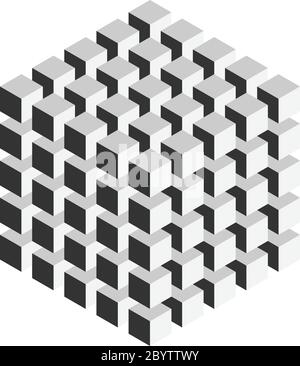 Cubo geometrico grigio di 125 cubi isometrici più piccoli. Elemento di disegno astratto. Scienza o concetto di costruzione. Oggetto vettore 3D. Illustrazione Vettoriale