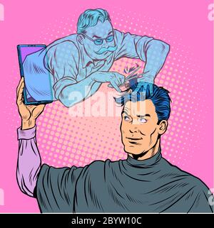 Telegasino di lavoro in linea help. Un barbiere maschio fa un taglio di capelli Illustrazione Vettoriale