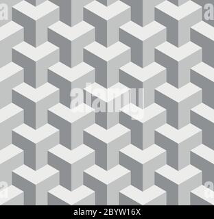 Ripetizione geometrica 3D senza cuciture di cubi sovrapposti. Disegno astratto sfondo vettoriale in sfumature di grigio. Illustrazione Vettoriale