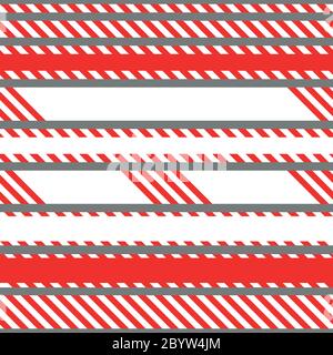 Set di nastri vettoriali senza giunture utilizzati per zone di restrizione e pericolo. Strisce rosse e bianche. Illustrazione Vettoriale