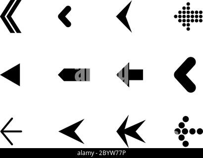 Serie di frecce diverse. Icone vettoriali piatte nere semplici. Illustrazione Vettoriale
