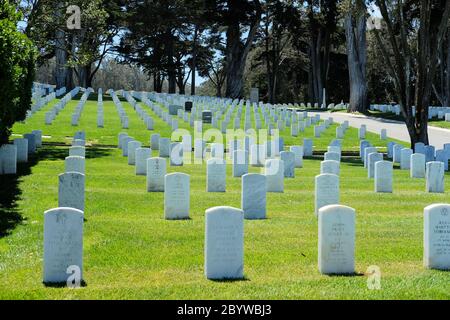 Le pietre bianche si trovano nel cimitero nazionale di San Francisco, un cimitero nazionale degli Stati Uniti, situato nel Presidio di San Francisco, California. Foto Stock