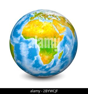 Il mondo della terra si è concentrato sull'Africa. Terre topografiche realistiche e oceani con batimetria. Oggetto 3D isolato su sfondo bianco. Elementi di questa immagine forniti dalla NASA. Foto Stock