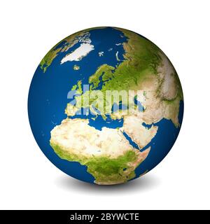 Globo terrestre isolato su sfondo bianco. Vista satellitare focalizzata sull'Europa. Elementi di questa immagine forniti dalla NASA. Foto Stock