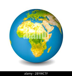 Globo terrestre isolato su sfondo bianco. Vista satellitare focalizzata sull'Africa. Elementi di questa immagine forniti dalla NASA. Foto Stock
