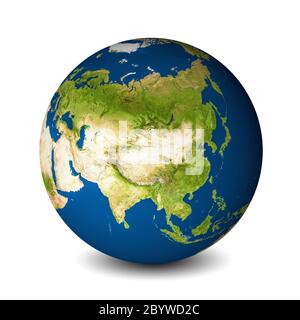 Globo terrestre isolato su sfondo bianco. Vista satellitare focalizzata sull'Asia. Elementi di questa immagine forniti dalla NASA. Foto Stock
