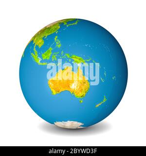Globo terrestre isolato su sfondo bianco. Vista satellitare focalizzata sull'Australia. Elementi di questa immagine forniti dalla NASA. Foto Stock