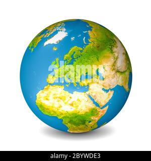 Globo terrestre isolato su sfondo bianco. Vista satellitare focalizzata sull'Europa. Elementi di questa immagine forniti dalla NASA. Foto Stock