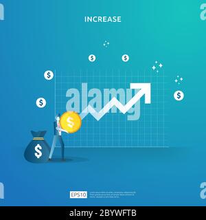 Concetto di performance finanziaria. Aumento del profitto commerciale con la freccia di crescita e il carattere della gente. Reddito tasso di stipendio crescere margine di profitto con il dollaro Illustrazione Vettoriale