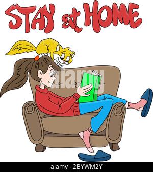 Cartoon ragazza che rimane a casa con il suo gatto per essere al sicuro dal virus corona, la lettura di libri vettoriali illustrazione Illustrazione Vettoriale