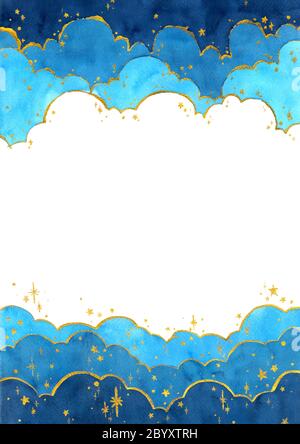 Illustrazione astratta della pittura a mano di acquerello nel concetto di nuvola e stella. Sfondo ondulato blu luminoso. Alta risoluzione. Progettazione di biglietti, copertine, stampe, Foto Stock