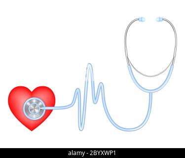Stetoscopio apparecchiature mediche. Concetto diagnostico cardiologico. Stetoscopio con battito cardiaco e cuore, diagnosi di malattie cardiache. Illustrazione vettoriale realistica Illustrazione Vettoriale