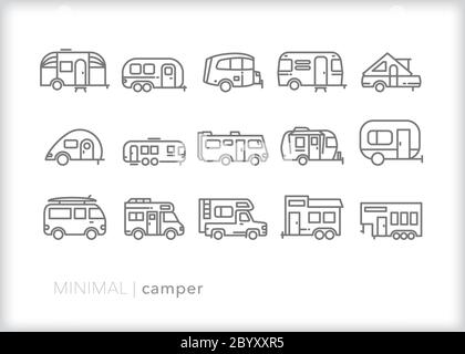 Set di icone di camper line per viaggi, vacanze e stile di vita in casa a motore, casa mobile, casa piccola o rimorchio Illustrazione Vettoriale